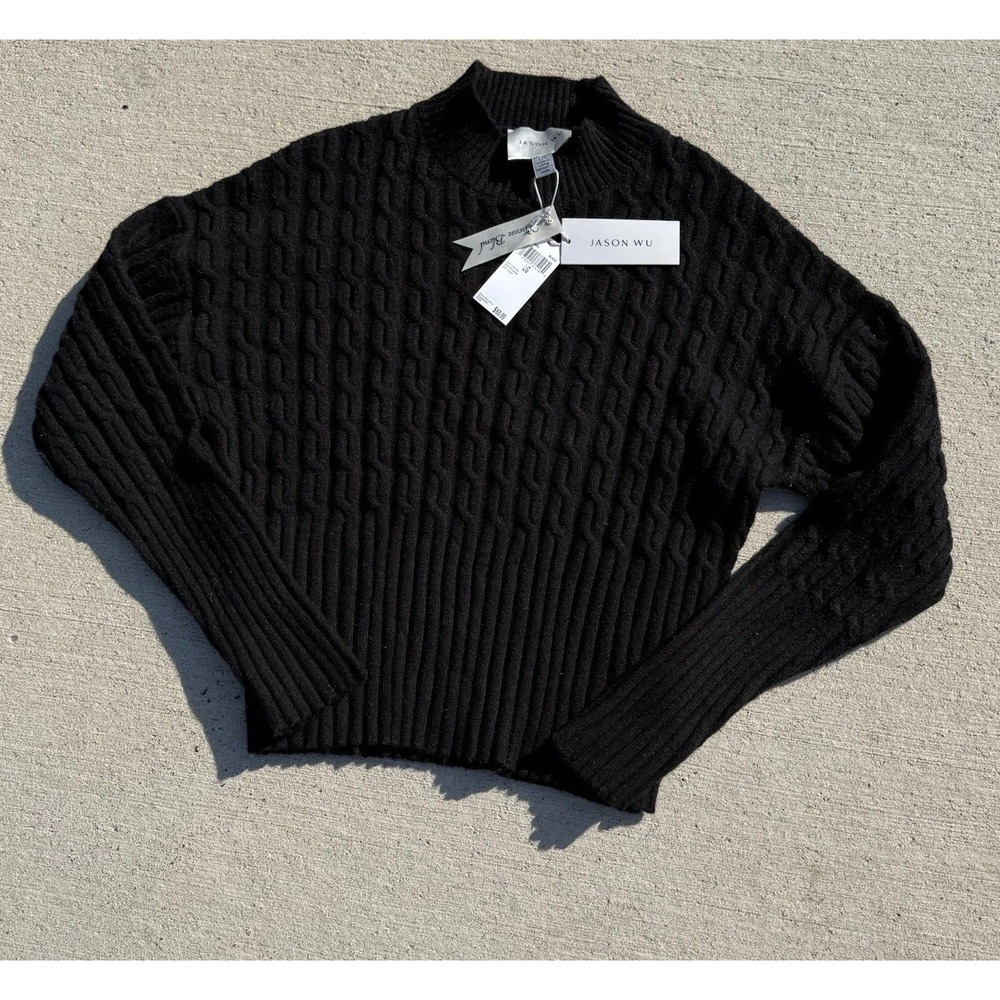 Jason Wu Women Long Sleeve Mock Neck Cable Knit Sweater black NWT $68 Large